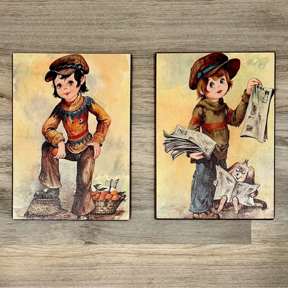 Vintage Massimo Big Eye Wall Art Hobo Kids Paperboy Made in Italy 8x11 Set of 2